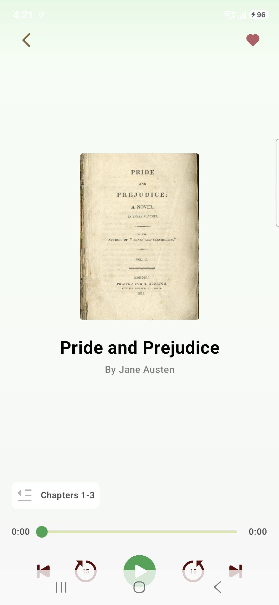 ZeroComics audiobook player showing Pride and Prejudice